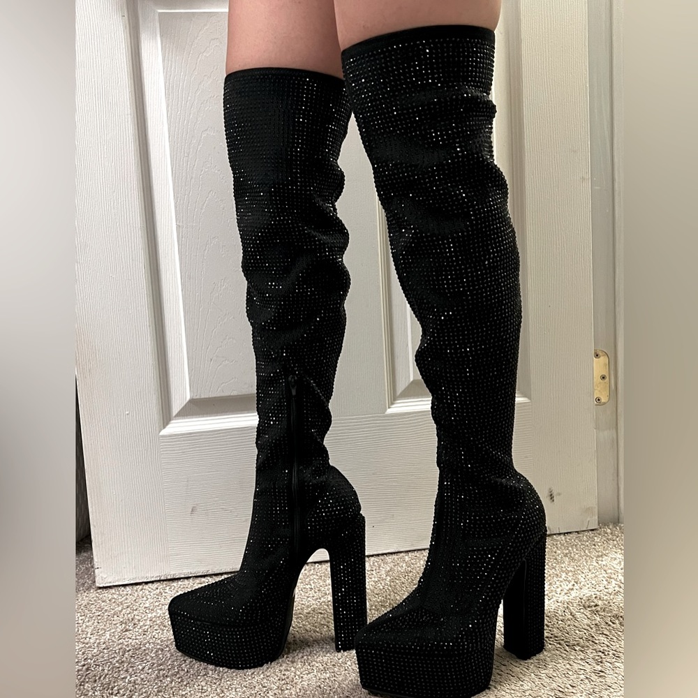 Brand new black Miss Lola thigh high boots